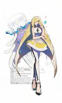 1girl alternate_breast_size_(smaller) bare_shoulders beast_ball black_leggings blonde_hair breasts diamond_(shape) dress gem gen_7_pokemon green_eyes green_gemstone hair_over_one_eye high_heels highres kawasaki_(kwsk_8765) leggings long_hair looking_at_viewer lusamine_(pokemon) mature_female medium_breasts multicolored_leggings nihilego nintendo parted_lips poke_ball pokemon pokemon_(creature) pokemon_sm simple_background sleeveless sleeveless_dress smile teeth two-tone_leggings two-tone_legwear ultra_beast very_long_hair white_background white_dress white_leggings