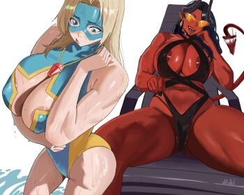 2girls areola_slip black_hair blonde_blazer blonde_hair breasts cleavage_cutout clothing_cutout colored_skin demon_girl dispatch embarrassed huge_breasts large_areolae lipstick makeup malevola_(dispatch) multiple_girls parted_lips red_skin superhero_costume undersized_clothes