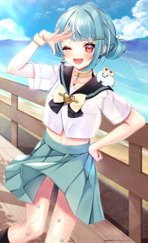 1girl ;d aqua_hair aqua_skirt arm_up black_sailor_collar blue_sky bow bowtie choker cloud collarbone commentary day fishnet_pantyhose fishnets hair_bun highres konorua511 looking_at_viewer midriff miniskirt one_eye_closed open_mouth orange_eyes pantyhose pleated_skirt railing sailor_collar school_uniform serafuku shiranami_ramune shiranami_ramune_(2nd_costume) short_hair short_sleeves single_hair_bun skirt sky smile solo symbol-only_commentary virtual_youtuber vspo! yellow_bow yellow_bowtie yellow_choker