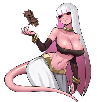 1girl android_21 android_21_(cosplay) areola_slip black_sclera blunt_bangs bracelet breasts bridal_gauntlets chocolate cleavage collarbone colored_inner_hair colored_sclera colored_skin cosplay covered_erect_nipples cropped_legs donburi_(donburikazoku) dragon_ball dragon_ball_fighterz elbow_gloves female_focus fingernails gloves harem_pants highres hime_cut jewelry large_breasts licking_lips long_hair majin_android_21 majin_android_21_(cosplay) multicolored_hair navel pants panty_&amp;_stocking_with_garterbelt panty_(psg) pink_hair pink_skin red_eyes sharp_fingernails silver_hair simple_background solo stocking_(psg) stomach tail toned tongue tongue_out two-tone_hair very_long_hair white_background white_hair