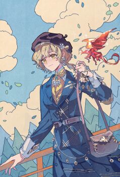 1girl absurdres bag beret black_hat blonde_hair blue_jacket blue_skirt blue_sky brown_bag brume_(reverse:1999) closed_mouth cloud cloudy_sky dragon dutch_angle falling_leaves hand_on_railing hand_up hat highres holding_strap jacket leaf light_smile looking_ahead moriila neckerchief pine_tree railing reverse:1999 shirt short_hair shoulder_bag skirt sky small_dragon solo tree upper_body white_shirt yellow_eyes yellow_neckerchief