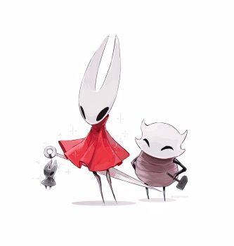 1girl 1other arthropod_girl artist_name black_skin character_doll chinese_commentary cloak colored_skin commentary_request doll film_grain full_body halftone halftone_background hammer highres hightguy holding holding_needle holding_weapon hollow_eyes hollow_knight hollow_knight:_silksong horned_mask hornet_(hollow_knight) looking_at_another mask needle needle_(hollow_knight) no_mouth red_cloak simple_background standing weapon white_background white_mask