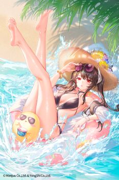 1girl azur_lane bad_source beach blush breasts brown_hair eyewear_on_head hair_ornament haruna_(azur_lane) hat highres horns long_hair lying manjuu_(azur_lane) medium_breasts official_art red_eyes solo straw_hat sunglasses swim_ring swimsuit twintails