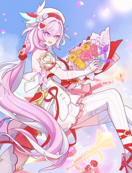 1girl beret blue_sky bouquet breasts commentary_request diamond-shaped_pupils diamond_(shape) dress elysia_(hi_love_elf)_(honkai_impact) elysia_(honkai_impact) falling_petals flower from_side hat high_heels highres holding holding_bouquet honkai_(series) honkai_impact_3rd instrument kuromu_shado large_breasts long_hair looking_at_viewer multicolored_hair open_mouth petals pink_hair purple_eyes sky smile solo symbol-shaped_pupils thighhighs thighs trumpet two-tone_hair very_long_hair white_dress white_hair white_thighhighs