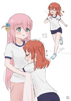 2girls absurdres between_breasts black_shorts blue_eyes blush bocchi_the_rock! breasts closed_eyes commentary_request cube_hair_ornament face_between_breasts gotoh_hitori gym_uniform haco_(user_usmg5523) hair_ornament head_between_breasts highres hug kita_ikuyo long_hair multiple_girls one_side_up open_mouth pants pink_hair pink_pants red_hair running shirt shorts simple_background sweat white_background white_shirt yuri