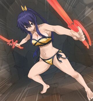1girl bikini breasts cleavage dual_wielding eden&#039;s_zero gaston18 holding homura_kogetsu large_breasts long_hair navel solo swimsuit