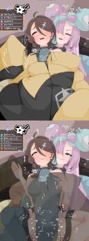 2girls absurdres blue_hair breasts bulge chat choker clothed_sex convenient_censoring covered_erect_nipples defeat earrings ears egg_vibrator embarrassed erection erection_under_clothes fangs gen_1_pokemon hair_ornament highres humiliation iono_(pokemon) japanese_text jewelry juliana_(pokemon) light_blue_hair livestream long_hair long_sleeves magnemite multicolored_eyes multicolored_hair multiple_girls naughty_face nintendo nipple_stimulation nipples one_eye_closed oversized_clothes piercing pink_hair pokemon pokemon_sv public_indecency sex_toy shared_clothes short small_breasts smile spread_legs sweat thighhighs thighs translation_request ttptt tweak very_long_hair vibrator vibrator_cord vibrator_under_clothes yuri