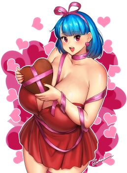 Rule 34 | 1girl, absurdres, blue hair, blush, bob cut, breasts, candy, chocolate, chocolate heart, cleavage, collarbone, cowboy shot, curvy, dress, earrings, erkaz, from above, hair ribbon, hairband, happy, heart, highres, huge breasts, jewelry, looking at viewer, medium hair, open mouth, original, red dress, red eyes, ribbon, rina atherina, shiny skin, short dress, short hair, smile, solo, thick thighs, thighs, valentine, valentine chocolate, veins, veiny breasts, wide hips