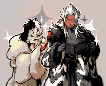 101_dalmatians 1boy 1girl adjusting_clothes alternate_costume belt black_belt black_fur black_hair black_pants black_shirt coat commentary cruella_de_vil dressing dressing_another earrings elbow_gloves english_commentary eyeshadow fur_coat gloves green_eyeshadow grey_background grey_coat hand_up highres jewelry kingdom_hearts kingdom_hearts_ii long_hair looking_at_another makeup multicolored_coat multicolored_hair multiple_belts old old_woman outline pants parted_bangs red_gloves red_lips shirt single_off_shoulder smile snoozaga sparkle sphere_earrings spiked_hair split-color_hair turtleneck turtleneck_shirt upper_body white_hair white_outline xemnas