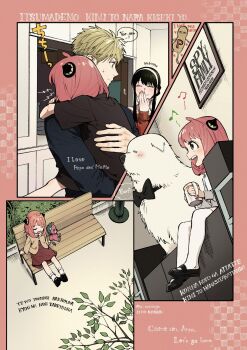 Rule 34 | 1boy, 2girls, ^ ^, anya (spy x family), bench, black bow, black bowtie, black hair, blonde hair, blush, bond (spy x family), bow, bowtie, carrying, carrying person, child carry, closed eyes, covering own mouth, cup, director chimera (spy x family), dog, english text, family, father and daughter, great pyrenees, hairband, hairpods, highres, holding, holding cup, husband and wife, mary janes, mother and daughter, multiple girls, musical note, on bench, p notninjin, park bench, peanut, pink hair, romaji text, shoes, socks, speech bubble, spy x family, step-parent and step-child, stuffed animal, stuffed toy, sweat, thighhighs, twilight (spy x family), twitter username, white dog, white hairband, white socks, white thighhighs, yor briar