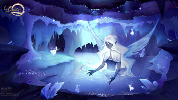 Rule 34 | 1girl, black skin, blue dress, blue theme, capelet, cave, cave interior, closed eyes, closed mouth, colored extremities, colored eyelashes, colored skin, commission, crystal, curtained hair, dress, facial mark, fairy, fairy wings, grey skin, highres, lanota, long hair, mini person, minigirl, parted bangs, partially submerged, pointy ears, pond, ripples, shaiichu, size difference, stalactite, teardrop facial mark, upper body, very long hair, water, wavy hair, white capelet, white hair, wings