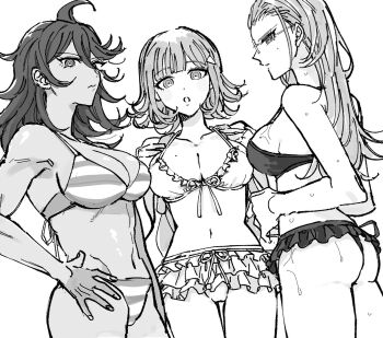 3girls bikini breasts cleavage commentary_request cowboy_shot danganronpa_(series) danganronpa_2:_goodbye_despair frilled_bikini frills glasses greyscale hand_on_own_hip highres looking_at_viewer medium_breasts mole mole_on_breast monochrome multiple_girls nanami_chiaki navel nmhm_10cho owari_akane pekoyama_peko ringed_eyes ruffle_bikini simple_background striped_bikini striped_clothes sweat swimsuit tan white_background