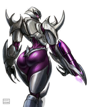 Rule 34 | 1girl, arm cannon, armor, ass, clawed hands, decepticon, fusion cannon, genderswap, genderswap (mtf), glowing, glowing eyes, grey armor, highres, humanoid robot, knee spikes, kory cromie, long eyebrows, megatron, megatron (prime), multicolored armor, no humans, purple armor, purple eyes, robot, robot girl, science fiction, shoulder spikes, signature, spikes, transformers, transformers: prime, weapon, white background