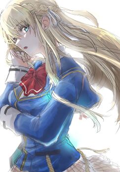 1girl adjusting_hair blonde_hair blue_eyes bow bowtie braid from_side gingham_(gingham420) hair_ribbon heaven_burns_red highres long_hair red_bow red_bowtie ribbon school_uniform toujou_tsukasa