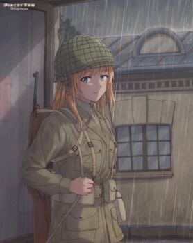 Rule 34 | 101st airborne, 1girl, absurdres, ammunition pouch, backpack, bag, blue eyes, breasts, brown hair, brown helmet, brown jacket, brown shirt, combat helmet, commentary, day, door, english commentary, from side, grey sky, gun, gun sling, helmet, highres, jacket, kepincox, light frown, load bearing equipment, m1 carbine, m1 helmet, medium breasts, medium hair, military, military combat uniform, military fatigues, military uniform, original, outdoors, overcast, pouch, rain, reflection, rifle, shirt, sky, soldier, suspenders, taking shelter, tree, twitter username, undone chinstrap, united states army, water drop, weapon, wet, wet clothes, wet hair, window, world war ii