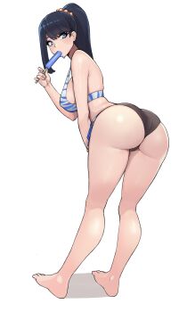 1girl absurdres ass back barefoot bikini bikini_bottom_only black_bikini black_hair blue_eyes blush breasts butt_crack curvy donburi_(donburikazoku) eating feet female_focus food food_in_mouth full_body gridman_universe hair_between_eyes halterneck highres holding huge_ass large_breasts layered_bikini legs long_hair looking_at_viewer looking_back ponytail popsicle popsicle_in_mouth popsicle_stick scrunchie simple_background solo ssss.gridman standing string swimsuit takarada_rikka thick_thighs thighs thong white_background wide_hips wrist_scrunchie