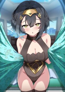 Rule 34 | 1girl, :o, absurdres, amber (stella sora), bare shoulders, black hair, black leotard, black thighhighs, blurry, blurry background, blush, breasts, car interior, cleavage, cleavage cutout, clothing cutout, collarbone, commentary request, covered navel, curtain grab, curtains, hair intakes, hair ornament, highres, large breasts, leotard, medium hair, open mouth, sanami (sanami t 38), sitting, solo, stella sora, striped clothes, striped leotard, thigh gap, thighhighs, thighs, tiara, vertical-striped clothes, vertical-striped leotard, yellow eyes