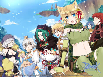 3boys 4girls animal_ears arch_bishop_(ragnarok_online) argyle_clothes argyle_shirt armor bangle bell belt belt_pouch bikini bird black_bikini black_bodysuit black_pants black_shorts black_tank_top blonde_hair blue_cape blue_dress blue_eyes blue_hair blue_sky blue_sleeves blush bodysuit bra_strap bracelet breastplate breasts brown_belt camouflage camouflage_scarf camouflage_shorts cape cleavage cleavage_cutout clothing_cutout cloud copyright_notice cowboy_hat cross crown detached_sleeves deviruchi_hat dress dutch_angle eating fang feet_out_of_frame fingerless_gloves floating_island food fox_ears fox_girl fruit fur-trimmed_cape fur-trimmed_sleeves fur_collar fur_trim gloves green_gloves green_hair green_scarf green_shorts green_thighhighs green_tube_top grey_eyes grey_hair grey_hat grin guest_art guillotine_cross_(ragnarok_online) hair_bell hair_ornament hair_ribbon hat holding holding_sack jewelry jingle_bell juliet_sleeves large_breasts logo long_sleeves looking_at_viewer lord_knight_(ragnarok_online) mechanic_(ragnarok_online) medium_breasts mini_crown multiple_boys multiple_girls official_art official_wallpaper open_mouth pants parted_bangs pauldrons peach pouch puffy_sleeves ragnarok_online ranger_(ragnarok_online) red_armor red_eyes red_hair red_ribbon ribbon sack sash scarf shirt short_hair shorts shoulder_armor sitting skin_fang sky smile sorcerer_(ragnarok_online) stalker_(ragnarok_online) standing stomach_cutout strapless swimsuit tank_top thighhighs tokunaki_nozomu tree tube_top two-tone_dress waist_cape white_dress white_shirt white_sleeves yellow_sash