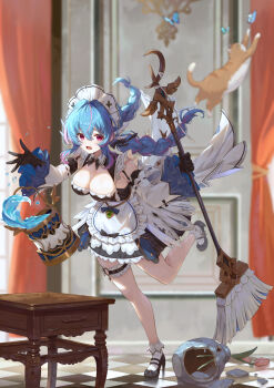 1girl apron black_dress black_gloves black_trim blue_butterfly blue_hair blue_trim braid breasts broken broken_vase broom brown_cat bucket bug butterfly calder_(pixiv3698273) cat checkered_floor cleavage clumsy commentary curtains day detached_sleeves dress floating_hair flower frilled_apron frilled_dress frilled_sleeves frilled_thigh_strap frills furrowed_brow gem gloves green_gem hair_between_eyes hair_intakes hair_ornament hands_up head_wings high_heels highres holding holding_broom holding_weapon indoors insect large_breasts legs long_hair looking_at_viewer low_twin_braids maid maid_apron maid_headdress multicolored_hair open_mouth phoebe_(starward) pink_eyes pink_flower pink_hair pink_streaks pink_tulip purple_hair ribbon-trimmed_sleeves ribbon_trim socks solo standing standing_on_one_leg starward streaked_hair table tearing_up thigh_strap thighs tulip twin_braids two-sided_sleeves two-tone_dress vase very_long_hair waist_apron water water_drop weapon white_apron white_headdress white_socks wide_sleeves wing_hair_ornament wings wooden_table