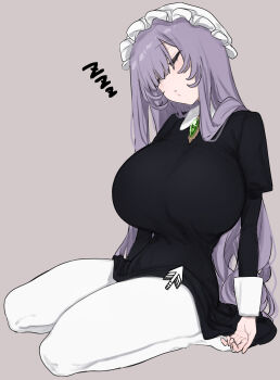 1girl absurdres black_dress blush breasts brooch closed_eyes commentary_request cursor dress eurasia_(wtp09ptw14) flipped_sidelocks francoise_(eurasia) frilled_hat frills full_body gem green_gemstone grey_background hat head_tilt highres huge_breasts jewelry juliet_sleeves long_hair long_sleeves mob_cap no_shoes original pantyhose parted_lips puffy_sleeves purple_hair seiza simple_background sitting sleeping solo very_long_hair white_hat white_pantyhose zzz
