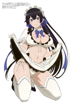 1girl absurdres black_hair blue_eyes breasts cleavage closed_mouth clothes_lift high_heels highres kneeling large_breasts long_hair looking_at_viewer magazine_scan maid maid_headdress megami_magazine midriff navel official_art panties scan side-tie_panties skirt skirt_lift smile solo suzuki_yukie thighhighs thighs underwear very_long_hair white_thighhighs
