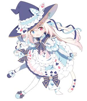 1girl :d absurdres ace_(playing_card) ace_of_clubs ace_of_diamonds ace_of_hearts animal_ear_fluff animal_ears blonde_hair blue_dress blue_eyes blue_shoes blush bow bowtie card cat_ears cat_girl cat_tail club_(shape) commentary commission diamond_(shape) dot_nose double-parted_bangs dress dress_bow frilled_dress frilled_ribbon frills full_body hair_between_eyes hat hat_ribbon heart heterochromia highres long_hair long_sleeves looking_at_viewer open_mouth original pantyhose playing_card pleated_dress purple_bow purple_bowtie purple_hat purple_sailor_collar red_eyes ribbon sailor_collar shoes simple_background skeb_commission smile solo striped_bow striped_bowtie striped_clothes tail urotsuki_(ku9625) white_background white_pantyhose witch_hat