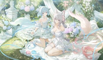 absurdres animal_ears bare_shoulders barefoot blue_eyes blue_flower bouquet breasts character_request cleavage detached_sleeves dress flower fox_ears fox_girl fox_tail frilled_anklet grass hair_flower hair_ornament high_heels highres holding holding_bouquet hydrangea incredibly_absurdres kneeling large_breasts long_hair low_twintails mina_(mongil:_star_dive) mongil:_star_dive official_art on_ground pink_flower rose shoes short_dress short_sleeves sitting small_breasts smile strapless strapless_dress tail twintails very_long_hair wariza wedding_dress white_flower white_hair white_rose white_shoes