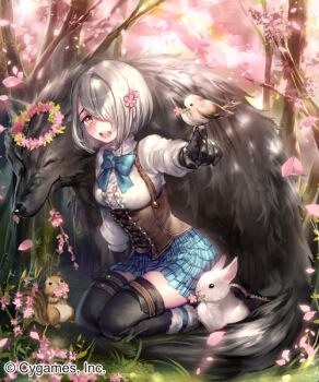 1girl bird bird_on_hand black_gloves black_thighhighs blue_bow blue_bowtie bow bowtie breasts brown_eyes brown_footwear cherry_blossoms commentary_request company_name day falling_petals fauna_handler_(shadowverse) flower forest full_body gloves grass hair_flower hair_ornament hair_over_one_eye head_wreath irua kneeling looking_at_viewer medium_breasts miniskirt nature official_art open_mouth outdoors petals pink_flower plant pleated_skirt rabbit shadowverse short_hair skirt smile solo squirrel sunlight teeth thighhighs tree upper_teeth_only white_hair wolf