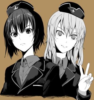 Rule 34 | 10s, 2girls, bonkara (sokuseki maou), brown background, closed mouth, dress shirt, garrison cap, girls und panzer, greyscale, greyscale with colored background, hat, itsumi erika, jacket, kuromorimine military uniform, light frown, light smile, long hair, long sleeves, looking at viewer, military, military hat, military uniform, monochrome, multiple girls, nishizumi maho, portrait, shirt, short hair, v