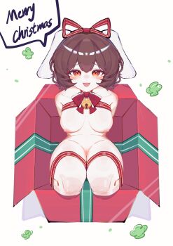 1girl absurdres animal_ears arms_behind_back bell blush bow bowtie box breasts brown_hair christmas commentary english_commentary floppy_ears full_body gift gift_box hair_ribbon highres huangyou in_box in_container inaba_tewi jingle_bell looking_at_viewer medium_breasts merry_christmas naked_ribbon neck_bell nipples open_mouth orange_eyes pussy rabbit_ears rabbit_girl red_bow red_bowtie red_ribbon ribbon short_hair smile solo touhou uncensored