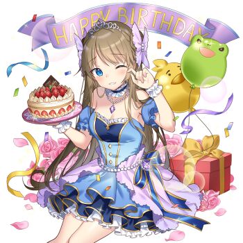Rule 34 | 1girl, aqua eyes, balloon, birthday cake, blue dress, box, braid, breasts, cake, commentary request, dress, flower, food, frilled dress, frilled wristband, frills, gift, gift box, hair between eyes, holding, holding cake, holding food, lidelle esquire, long hair, medium breasts, off shoulder, pink flower, pink rose, rie (reverie), rose, uchi no hime-sama ga ichiban kawaii, very long hair
