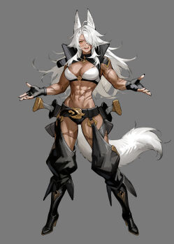 1girl :d abs ahoge animal_ears belt black_gloves boots breasts dark-skinned_female dark_skin fangs fingerless_gloves full_body gloves grey_background hair_over_one_eye high_heel_boots high_heels highres iamc95 long_hair looking_at_viewer medium_breasts muscular muscular_female nail_polish navel open_mouth orange_eyes original scar sheath sheathed smile solo standing tail white_hair wolf_ears wolf_girl wolf_tail