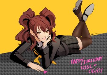birthday brown_hair eightyfourart happy_birthday highres kujikawa_rise persona persona_4 school_uniform smile thighhighs twintails yasogami_school_uniform zettai_ryouiki