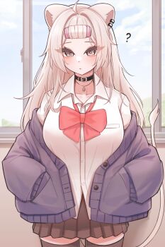 1girl ? absurdres ahoge animal_ears black_choker black_thighhighs brown_skirt choker closed_mouth collared_shirt commentary_request grey_eyes grey_hair hands_in_pockets highres hololive lion_ears lion_girl lion_tail looking_at_viewer ruo1001 school_uniform shirt shishiro_botan skirt solo tail thighhighs virtual_youtuber white_shirt