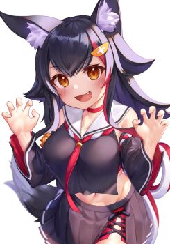 1girl animal_ear_fluff animal_ears black_hair black_skirt breasts brown_eyes claw_pose deaver fang hair_ornament hands_up highres hololive large_breasts long_hair looking_at_viewer midriff navel ookami_mio ookami_mio_(1st_costume) open_mouth revision sailor_collar simple_background skirt solo tail virtual_youtuber white_background white_sailor_collar wolf_ears wolf_tail