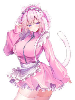 Rule 34 | 1girl, animal ears, blush, breasts, cat ears, cat girl, closed mouth, commentary request, frills, headdress, heart, highres, jersey maid, large breasts, looking at viewer, maid, nenobi (nenorium), official art, original, pink hair, pink track suit, purple eyes, short hair, simple background, solo, thighhighs, track suit, twintails, unconventional maid, v, white background, white thighhighs