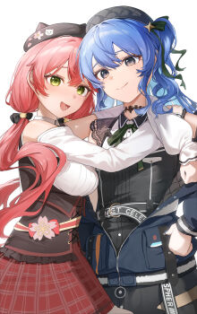 2girls :d absurdres ahoge animal_hat arms_around_neck beret black_choker black_dress black_hat blue_eyes blue_hair blue_jacket bodice breasts cat_hat chinese_commentary choker closed_mouth clothing_cutout collared_dress collared_shirt colored_inner_hair commentary_request double-parted_bangs dress flat_chest green_eyes green_ribbon hair_between_eyes hair_ribbon hat highres hololive hoshimachi_suisei hoshimachi_suisei_(casual) jacket lace lace_choker lace_sleeves large_breasts long_hair long_sleeves looking_at_viewer low_twintails miniskirt multicolored_hair multiple_girls neck_ribbon oeuia off_shoulder official_alternate_costume official_alternate_hairstyle one_side_up open_mouth partially_unzipped pink_hair plaid_clothes plaid_skirt quilted_headwear quilted_jacket red_skirt ribbon sakura_miko sakura_miko_(casual) shirt short_sleeves shoulder_cutout sidelocks simple_background skirt smile star_(symbol) star_in_eye swept_bangs symbol_in_eye twintails two-sided_fabric two-sided_jacket underbust virtual_youtuber white_background white_shirt