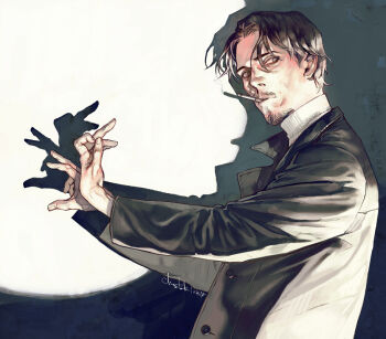 Rule 34 | 1boy, black background, black eyes, black hair, black jacket, cigarette, ctkcave, facial hair, goatee, jacket, looking at viewer, male focus, mature male, mustache, open clothes, open jacket, original, parted bangs, parted hair, shadow, shadow puppet, simple background, smoking, solo, spotlight, sweater, turtleneck, turtleneck sweater, upper body, white sweater