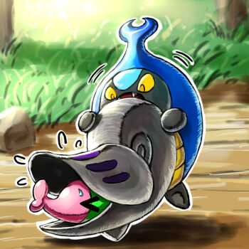 Rule 34 | > <, biting, closed eyes, commentary request, fangs, flying sweatdrops, gen 5 pokemon, grass, kaosu (kaosu0905), karrablast, motion lines, nintendo, no humans, o3o, one-hour drawing challenge, open mouth, outdoors, outline, pokemon, pokemon (creature), pokemon focus, rock, shell, shelmet, sweatdrop, white outline