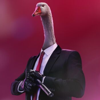 Rule 34 | agent 47, agent 47 (cosplay), animal focus, bird, bird boy, black gloves, black suit, commentary, cosplay, english commentary, formal clothes, gloves, goose, goose (untitled goose game), gun, handgun, hitman (game), holding, holding gun, holding weapon, jeppe sorenson, long sleeves, male focus, necktie, parody, pistol, realistic, red background, red necktie, simple background, solo, suit, suppressor, untitled goose game, upper body, weapon, what