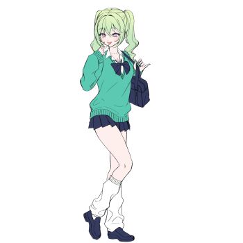 1girl absurdres bag black_bow black_bowtie black_shoes black_skirt bow bowtie choppy_bangs closed_mouth collared_shirt commentary_request full_body green_hair green_sweater gyaru hair_between_eyes hands_up highres kogal korean_commentary leg_warmers long_bangs long_hair miniskirt open_mouth pleated_skirt poni13101 school_bag school_uniform shirt shoes shoulder_bag simple_background skirt smile solo stellive sweater thick_thighs thighs twintails v v-shaped_eyebrows virtual_youtuber walking white_background white_leg_warmers white_shirt wings yuzuha_riko