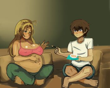 1boy 1girl absurdres age_difference ahoge blonde_hair blue_eyes blush breasts cleavage daikiarts feeding food gradient_background hand_on_own_stomach happy highres huge_breasts indian_style jellyfish_(company) kamimura_akiko keisuke_(sisters) long_hair male_virgin nail_polish nipples no_bra older_female_and_younger_male pink_lips pregnancy_progression pregnant premature_ejaculation sisters_~natsu_no_saigo_no_hi~ sitting smile smiley_face source_request step-incest stepmother stepmother_and_stepson