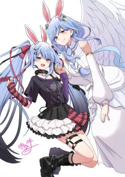2girls :d absurdres animal_ear_fluff animal_ears bare_shoulders black_boots black_nails black_shirt black_skirt blue_hair blush boots bow braid breasts closed_mouth commentary_request dress feathered_wings fishnet_socks fishnets flower hair_bow hair_flower hair_ornament hair_over_shoulder hairclip hands_up highres holding_hands hololive interlocked_fingers kiritoma large_breasts layered_skirt long_sleeves looking_at_viewer mother_and_daughter multicolored_hair multiple_girls nail_polish open_mouth pekomama pleated_skirt puffy_long_sleeves puffy_sleeves rabbit-shaped_pupils rabbit_ears rabbit_hair_ornament red_eyes rose shirt short_eyebrows short_sleeves simple_background single_braid skirt sleeveless sleeveless_dress sleeves_past_wrists smile socks streaked_hair striped_clothes striped_skirt symbol-shaped_pupils thick_eyebrows twintails usada_pekora usada_pekora_(11th_costume) virtual_youtuber white_background white_bow white_dress white_flower white_hair white_rose white_skirt white_sleeves white_wings wings x_hair_ornament