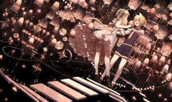 1boy 1girl :d aqua_eyes bare_arms bare_legs bare_shoulders black_legwear blonde_hair bow brother_and_sister chandelier dancing dress dutch_angle eighth_note eye_contact fantasy floating floating_stairs formal_clothes frilled_dress frills hair_bow half_note hanging_light highres imminent_hand_holding kagamine_len kagamine_rin looking_at_another mobile musical_note necktie open_mouth ponytail quarter_note sepia_background short_hair short_ponytail short_sleeves shorts shuno_(xiaonuo) siblings sky sleeveless sleeveless_dress sleeveless_sweater smile socks star_(sky) star_(symbol) starry_sky sweater twins vocaloid yellow_neckwear