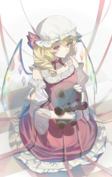 Rule 34 | 1girl, absurdres, alternate costume, blonde hair, closed mouth, commentary request, crystal, crystal wings, detached sleeves, dress, drill hair, flandre scarlet, hat, highres, hugging doll, hugging object, ko gyoku, looking at viewer, mob cap, multicolored wings, one side up, red dress, red eyes, red vest, sitting, solo, stuffed animal, stuffed toy, stuffing, teddy bear, touhou, vest, white hat, wings