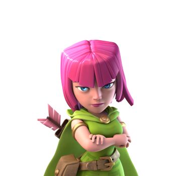 1girl 3d absurdres archer_(clash_of_clans) armlet blue_eyes cape clash_of_clans crossed_arms dress gold_armlet green_cape green_dress highres looking_at_viewer non-web_source official_art pink_hair quiver simple_background solo transparent_background