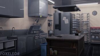 3d artist_name blender_(medium) box cabinet ceiling_light clock commentary cooking_pot drawing english_commentary floor foxeleos frying_pan grey_theme highres indoors kitchen ladle magnet muted_color no_humans original photoshop_(medium) refrigerator roomscape scenery shelf sink sticky_note stove table tile_floor tiles trash_can wall watermark