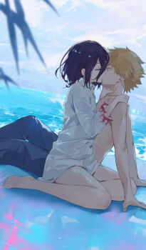 1boy 1girl black_hair black_pants blonde_hair blood blood_on_clothes blue_sky chainsaw_man cloud commentary day dema_hmw denji_(chainsaw_man) hetero highres kiss looking_at_another naked_shirt outdoors pants pool reze_(chainsaw_man) shirt short_hair sky topless_male torn_clothes torn_shirt white_shirt