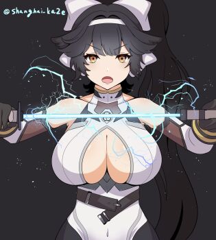 Rule 34 | 1girl, artist name, azur lane, bare shoulders, black background, black gloves, breasts, cleavage, collarbone, commentary request, gloves, hair ears, highres, katana, large breasts, lightning, long hair, official alternate costume, ponytail, shanghai kani, sheath, simple background, solo, sword, takao (azur lane), takao (divine exorcist's blade) (azur lane), unsheathing, weapon, yellow eyes