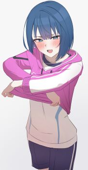 1girl absurdres blue_eyes blue_hair blue_shorts blunt_bangs blush bob_cut breasts clothes_lift collarbone commentary_request cowboy_shot dot_nose drawstring grey_background gym_shirt gym_shorts gym_uniform half-closed_eyes hands_up highres hood hood_down hoodie hoodie_lift kiritani_haruka lifting_own_clothes long_sleeves looking_at_viewer nemu_(jdgz3357) open_mouth partial_commentary pink_hoodie project_sekai shirt short_hair shorts sidelocks simple_background small_breasts solo standing teeth upper_teeth_only white_shirt